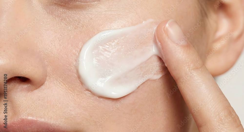 Fototapeta premium Woman applying face cream or lotion to her cheek