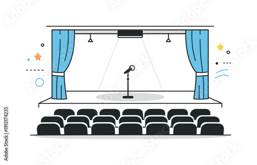 Silent performance space. A minimalist theater hall with rows of seats and a softly lit stage, peaceful emptiness. Editorial interior