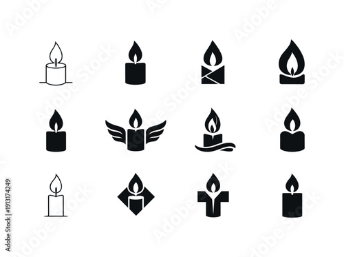 Deceased. Icon set. Set Logo of deceased: memorial candle flame. harmonious logo variations of the same emblematic concept, each with