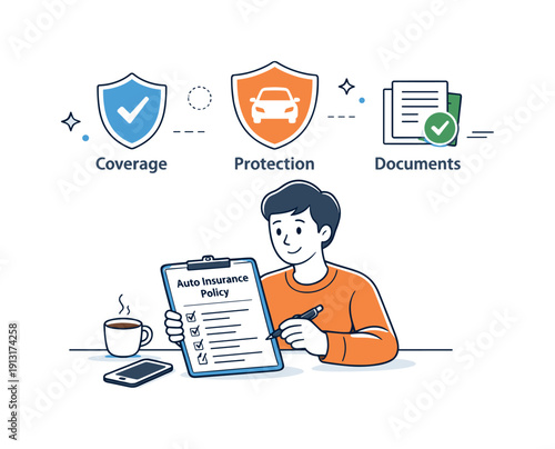 Auto insurance policy overview. A person calmly reviewing a car insurance policy page with icons for coverage, protection, and documents. The