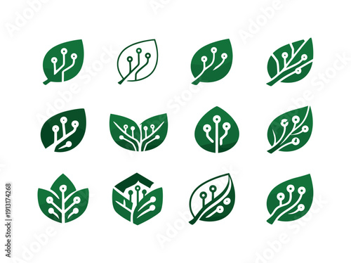Startups in agriculture technology. Icon set. Set Logo of Startups in agriculture technology: leaf with circuit lines. harmonious logo