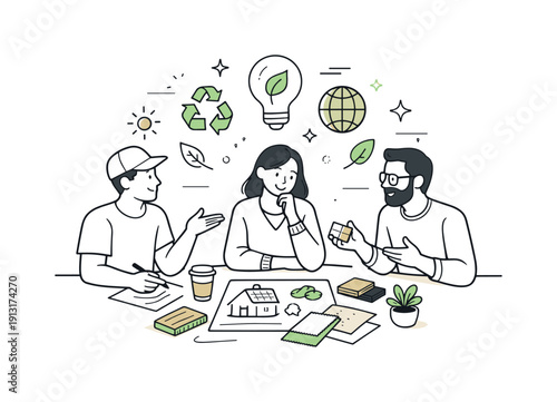 Image Generation. Inspirational design with ecology materials trend. A creative team discussing sustainable concepts around sketches and material samples. The