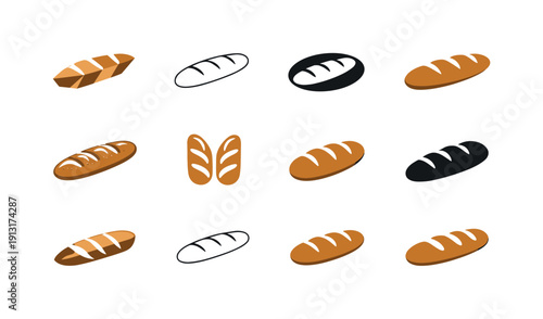 Bread Logo Variations. Bread. Icon set. Set Logo of Bread: baguette loaf. harmonious logo variations of the same emblematic concept, each with different