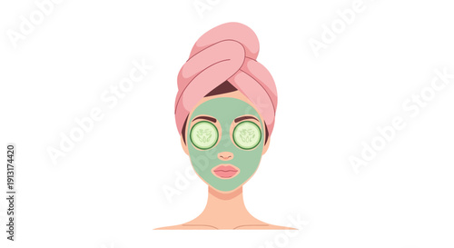 Woman with Green Facial Mask and Towel Turban - Beauty Spa Treatment Concept, Skincare Routine, Self Care and Wellness Illustration Isolated on White