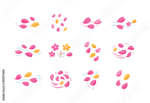 Image Generation. Falling petals. Colorful flat vector icons set of falling petals: drifting petals, petal rain, soft motion trail, floating blossom pieces,