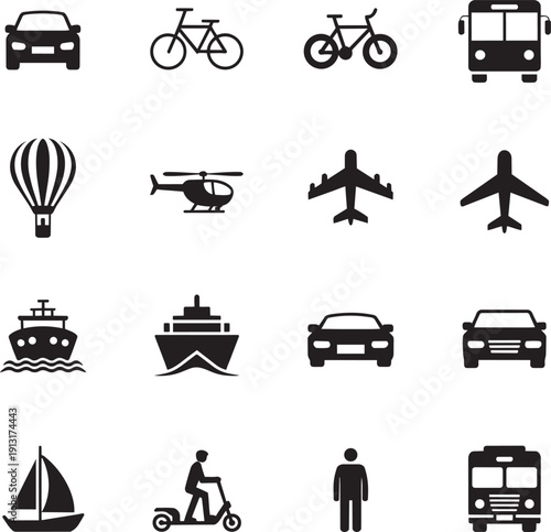 Set of transportation icons cars, bicycle, bus, helicopter, airplane, ship, sailboat, scooter, person