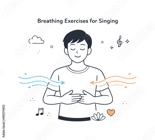 Breathing exercises for singing. A person practicing deep breathing with hands on the diaphragm, gentle airflow lines moving in and out. The
