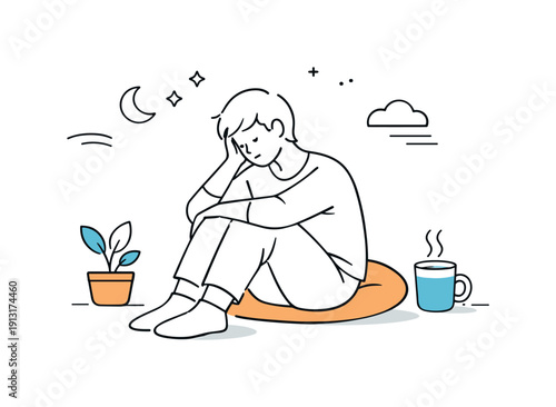 Dealing with emotional burnout. A person resting or sitting with a thoughtful posture, allowing space for recovery. Soft lines and minimal