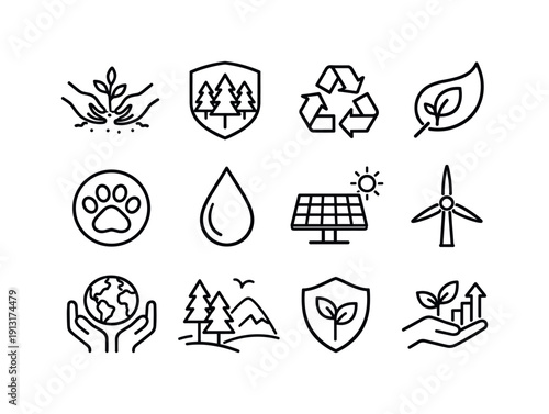 Nature conservation. Line icon set of nature conservation: tree planting, protected forest, recycling symbol, eco leaf, wildlife protection