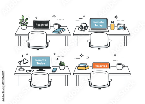 Empty desks hybrid office layout. A calm works