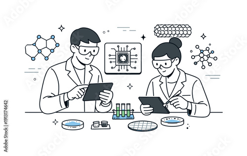 Nanotech Lab Collaboration. Nanotechnology laboratory workflow. Researchers collaborating at a clean lab table with tablets, samples, and schematic nano