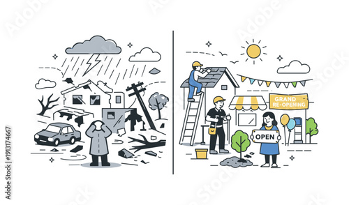 Severe weather and its impact on local economies. A split scene showing storm damage transitioning into rebuilding and reopening businesses.