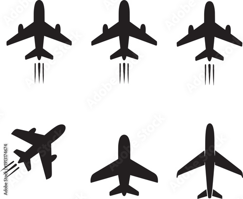 Set of six black airplane and jet icons in various flight positions
