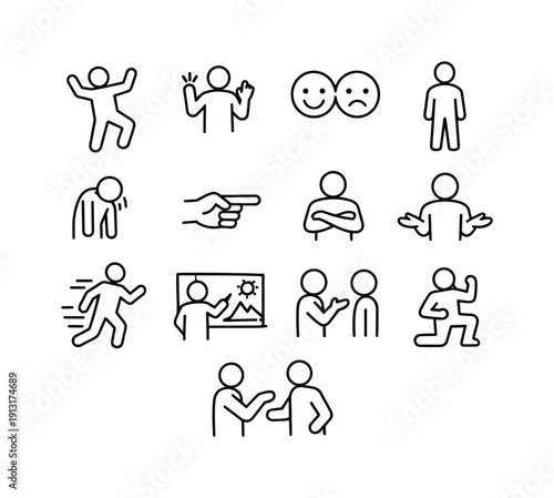Body Language Icons. Body language in storytelling. Line icon set of Body language in storytelling: expressive posture, hand gestures, facial expression,
