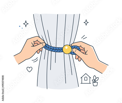 Image Generation. Curtain tieback installation. Hands calmly adjusting a curtain tieback on a window curtain. Focused action, home improvement moment in a