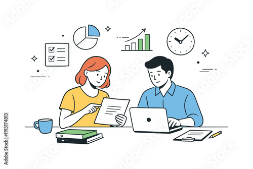 Image Generation. Focused team effort. Colleagues working side by side on deadline tasks, reviewing documents and progress indicators with quiet confidence and