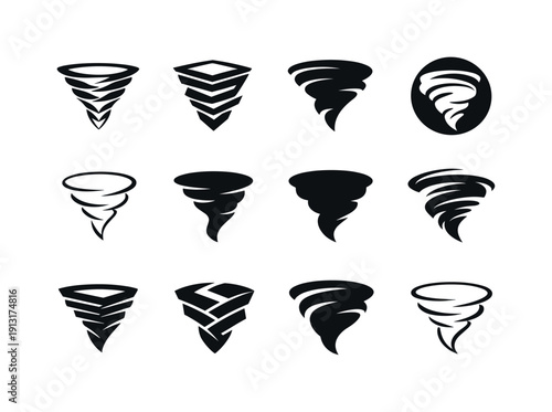 Natural disasters. Icon set. Set Logo of natural disasters: tornado funnel. harmonious logo variations of the same emblematic concept, each