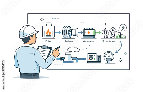 Power plant schematics. An engineer reviews simplified power plant schematics on a large sheet, indicating planning and system understanding.