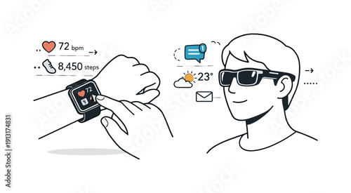 Smart wearable technology. A futuristic watch and glasses shown in use, with gentle data indicators floating nearby. The mood highlights