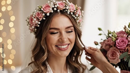Young woman adorned in elegant floral crown smiling happily with soft warm bokeh lighting