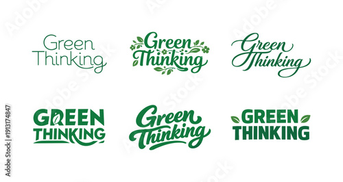 Image Generation. Green thinking lettering. Set lettering. harmonious lettering variations of the same emblematic concept, each with different artistic