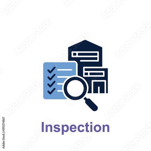 Magnifying glass examines a checklist with house icon above illustrating inspection and verification process