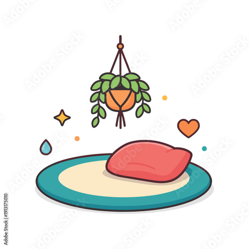 Zen-inspired home sanctuary symbolized by a circular rug, soft pillow and hanging plant forming a cozy personal refuge for meditation and