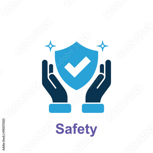 Hands holding a blue shield with checkmark symbolizing safety protection and security in modern flat design style