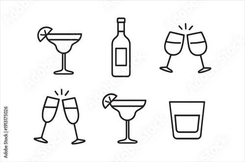 Simple line art icons depicting various alcoholic beverages and celebratory drinks