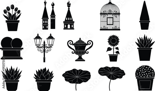 Garden silhouettes, potted plants, decorative urn, sunflower pot, birdcage, topiary, garden bench, street lamp, church steeple, nature icons, landscaping design