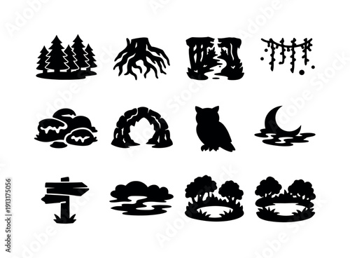 Hidden Forest. Solid icon set of Hidden Forest: dense trees, twisted roots, narrow trail, hanging vines, fireflies, mossy stones, forest