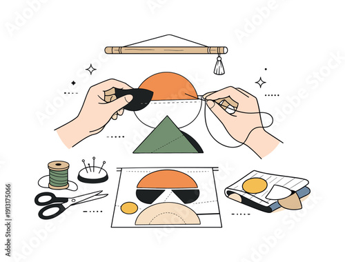 Image Generation. DIY fabric wall hangings and decor. Hands sewing simple geometric fabric shapes together, creating a decorative textile panel. A sense of