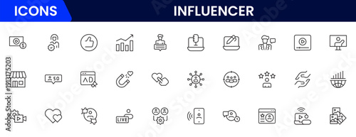 Influencer and blogging line icons collection. Big UI icon set in a flat design. Thin outline icons pack. Vector illustration