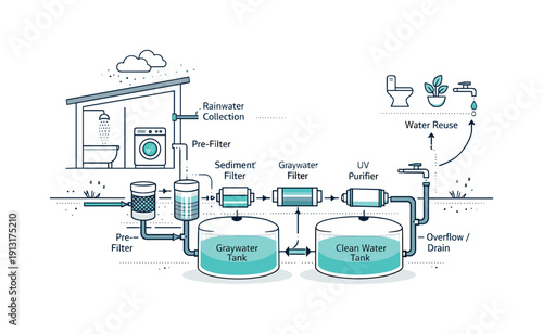 Water Conservation System. Water conservation systems. Cross-section view of pipes, filters, and storage tanks showing water reuse inside a building.