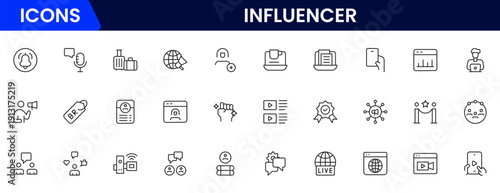 Influencer and blogging line icons collection. Big UI icon set in a flat design. Thin outline icons pack. Vector illustration