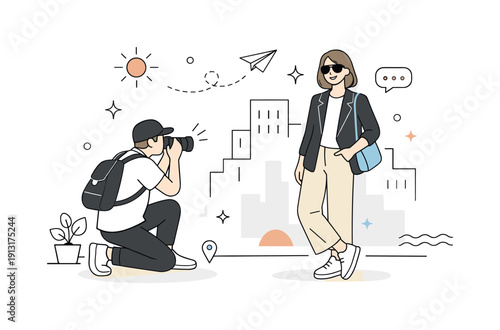 Street style photography. Photographer capturing a candid outfit shot, subject posing naturally against a simple city backdrop. Calm creative