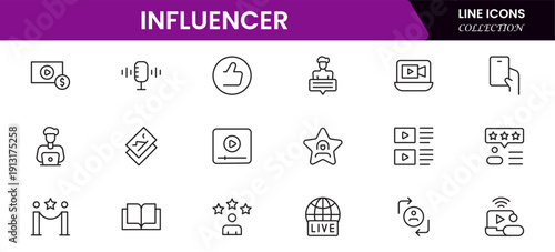 Influencer and blogging line icons collection. Big UI icon set in a flat design. Thin outline icons pack. Vector illustration
