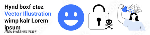Emotional exploration, data security, digital safety, toxicity awareness, mental health, individuality. happy face, lock with skull and head with flowers. Emotional awareness and data security