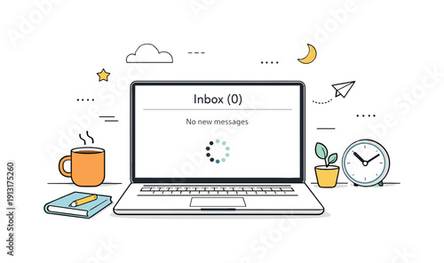 Anticipating Inbox. Waiting inbox illustration. A calm editorial scene showing an open laptop with an empty inbox screen and a loading indicator gently