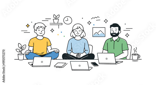 Mindfulness at work. A small team in a modern workspace taking a short mindful pause together, relaxed postures and soft smiles. Laptops are