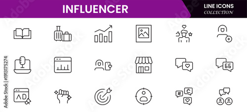 Influencer and blogging line icons collection. Big UI icon set in a flat design. Thin outline icons pack. Vector illustration
