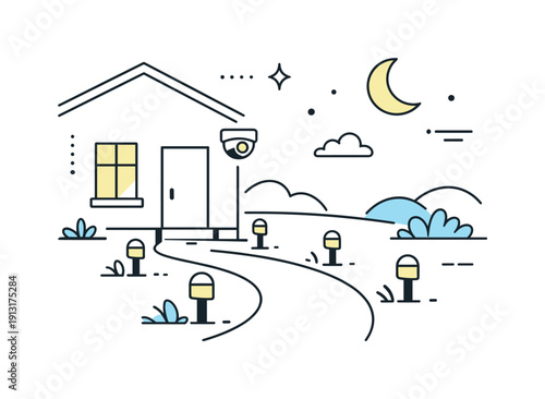 Image Generation. Outdoor home security. A house exterior with pathway lights and a security camera, peaceful night scene with soft moon and abstract shapes.