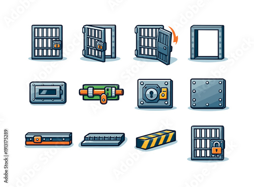 Prison cell door. Colorful isometric vector icons set of prison cell door: barred door front view, open cell door, closing door motion, steel