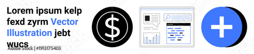 Finance, web development, healthcare, data analytics, digital services, graphic design. Dollar symbol, webpage interface and plus sign. Finance and web development through icons and layout