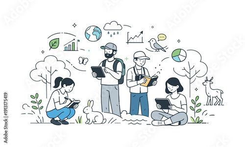Image Generation. Ecology studies overview. Calm editorial scene showing students and researchers observing nature with notebooks and tablets, trees and