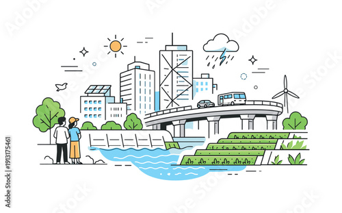Image Generation. Climate-resilient infrastructure. A modern city scene with reinforced buildings, elevated roads, and green barriers designed to withstand