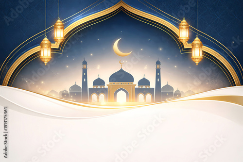 Elegant Ramadan Background with Mosque, Crescent Moon and Golden Lanterns