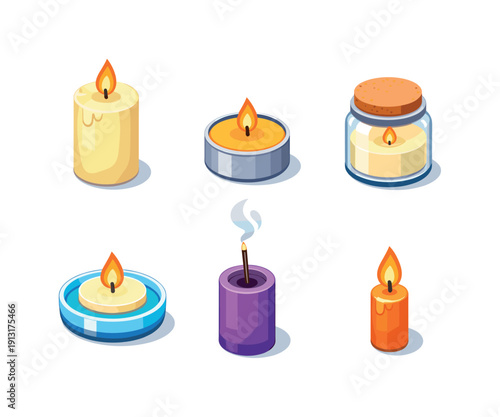 Image Generation. Meditation candles. Isometric flat vector icons set of meditation candles: pillar candle, tea light candle, candle in glass jar, floating