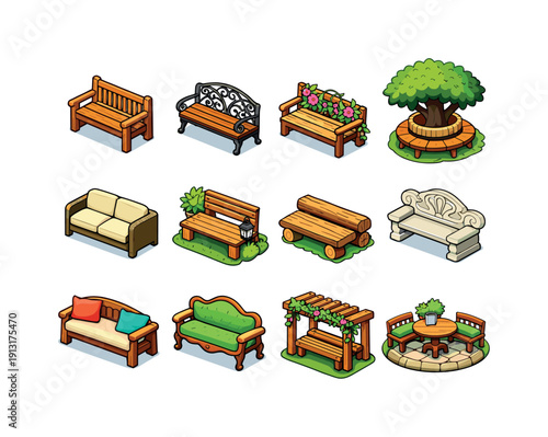 Garden bench. Colorful isometric vector icons set of Garden bench: wooden garden bench, wrought iron bench, floral bench, bench under tree,