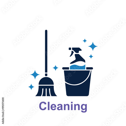 Cleaning supplies icon featuring a broom dustpan spray bottle blue bucket and sparkling stars on a white background